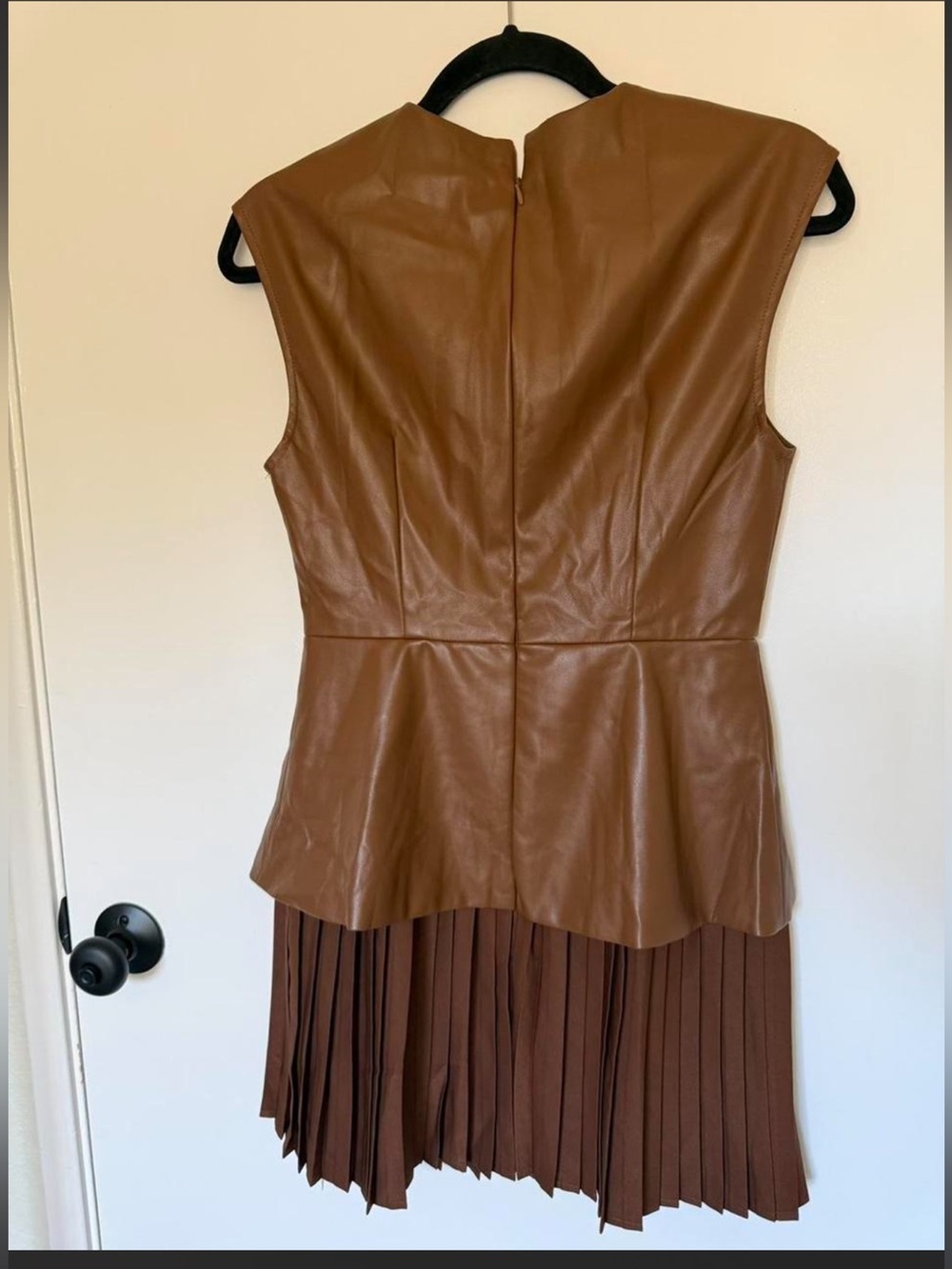 Commense Light Brown Pleated Faux Leather Mini Dress S | Fall Sleeveless Dress - Picture 4 of 6